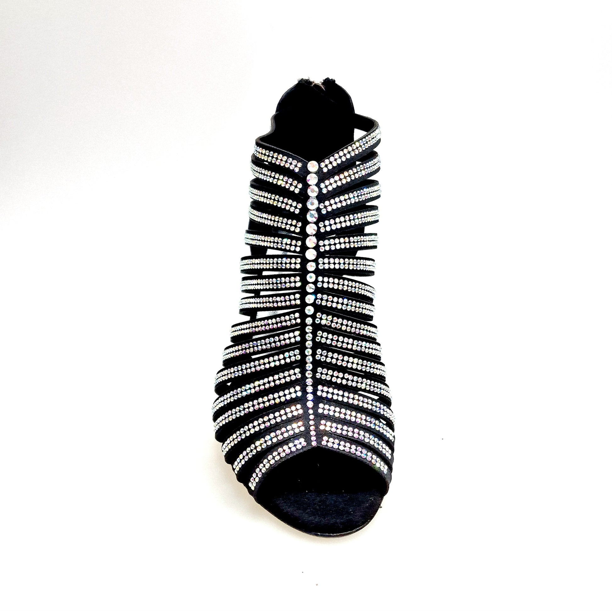 Sandalo a tronchetto donna ELSY Plus (L7) in raso seta nero con Swarovski Boreali e tacco a rocchetto laminato argento