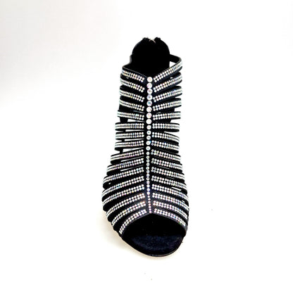 Sandalo a tronchetto donna ELSY Plus (L7) in raso seta nero con Swarovski Boreali e tacco a rocchetto laminato argento