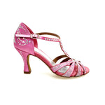 Carica immagine nella Galleria, ALESSIA Superb (L1) - Scarpa da Ballo in Raso Seta Rosa Fuxia con Swarovski Boreali e Tacco a Rocchetto
