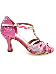 Carica immagine nella Galleria, ALESSIA Superb (L1) - Scarpa da Ballo in Raso Seta Rosa Fuxia con Swarovski Boreali e Tacco a Rocchetto
