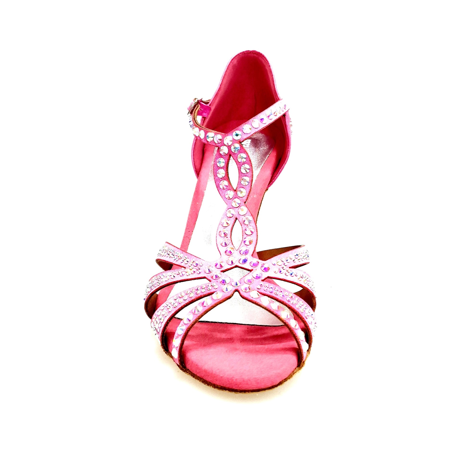 Scarpa da ballo in raso seta rosa fuxia Alessia Superb (L1) con Swarovski Boreali e tacco a rocchetto, Wish Dance Shop.