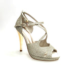 Carica immagine nella Galleria, Brenda Jadore (485 PLT) - Scarpa in Glitter Light Oro Platino Doppio Cinturino Caviglie e Collopiede con Tacco Alto a spillo largo Laminato Oro e Plateau
