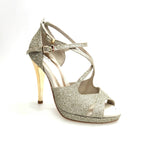 Carica immagine nella Galleria, Brenda Jadore (485 PLT) - Scarpa in Glitter Light Oro Platino Doppio Cinturino Caviglie e Collopiede con Tacco Alto a spillo largo Laminato Oro e Plateau
