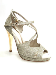 Carica immagine nella Galleria, Brenda Jadore (485 PLT) - Scarpa in Glitter Light Oro Platino Doppio Cinturino Caviglie e Collopiede con Tacco Alto a spillo largo Laminato Oro e Plateau
