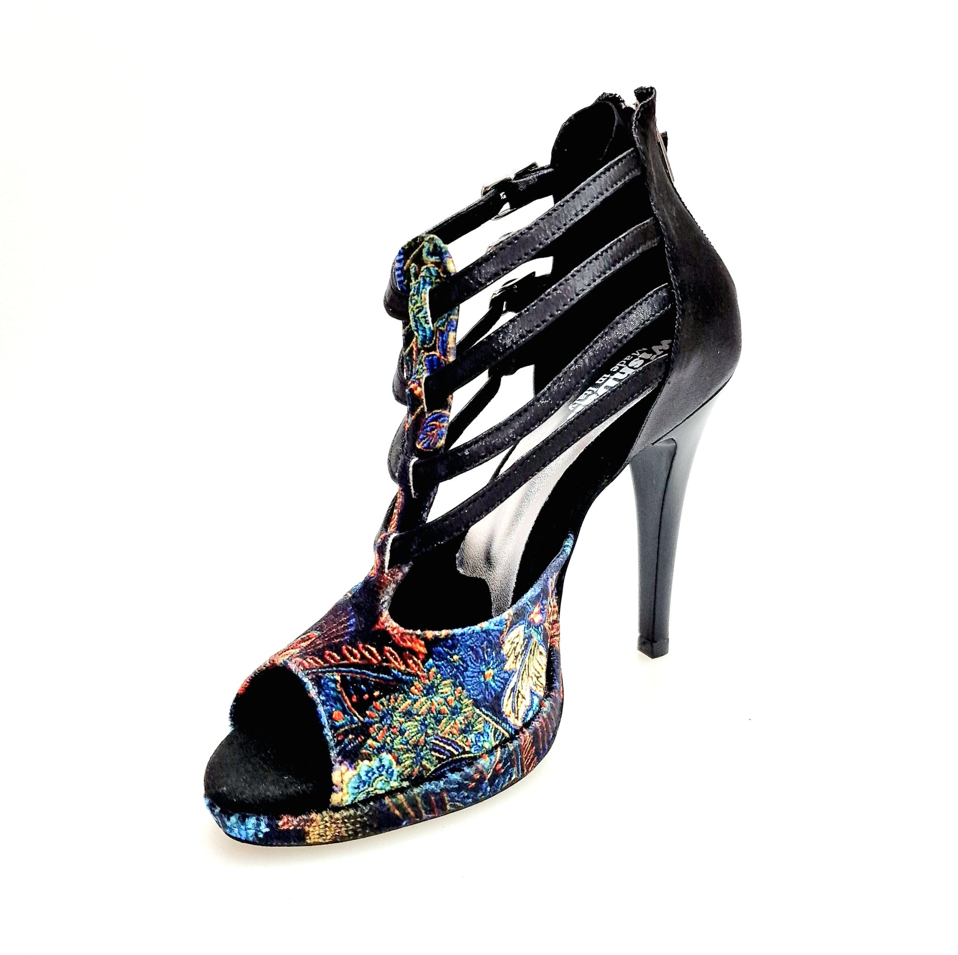 Scarpa donna Wish Dance Shop Lussuria in velluto nero e lurex, con plateau, tacco a spillo largo e dettagli smaltati.