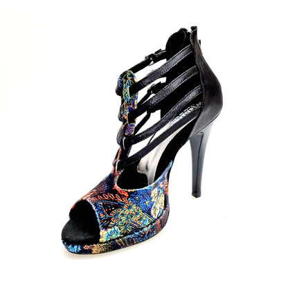 Scarpa donna Wish Dance Shop Lussuria in velluto nero e lurex, con plateau, tacco a spillo largo e dettagli smaltati.