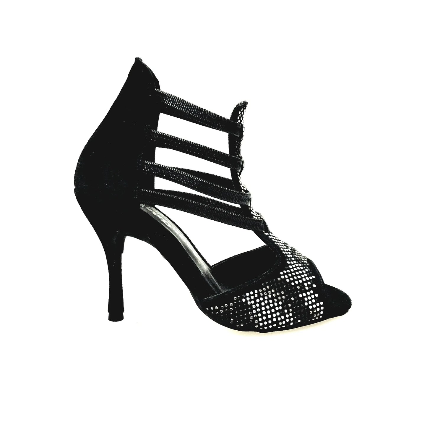 Sandalo donna Viper Black (460PW) in camoscio nero con elastici e tacco a spillo rivestito, dettagli in borchiette argentate e bianche.