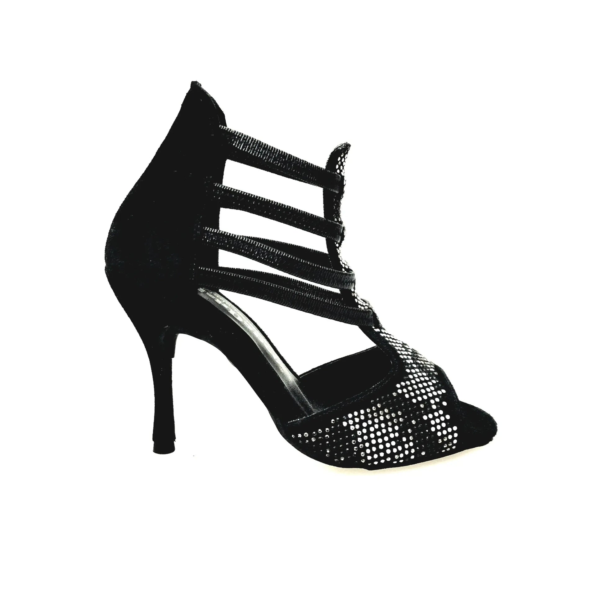Sandalo donna Viper Black (460PW) in camoscio nero con elastici e tacco a spillo rivestito, dettagli in borchiette argentate e bianche.