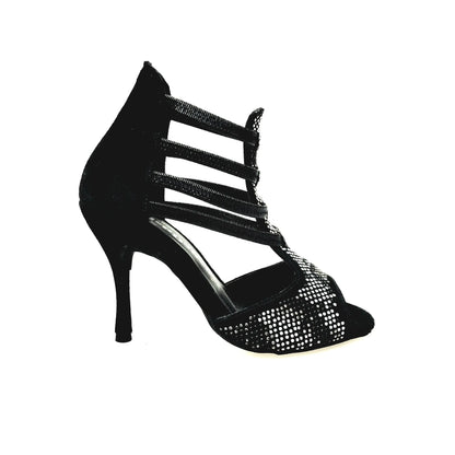 Sandalo donna Viper Black (460PW) in camoscio nero con elastici e tacco a spillo rivestito, dettagli in borchiette argentate e bianche.