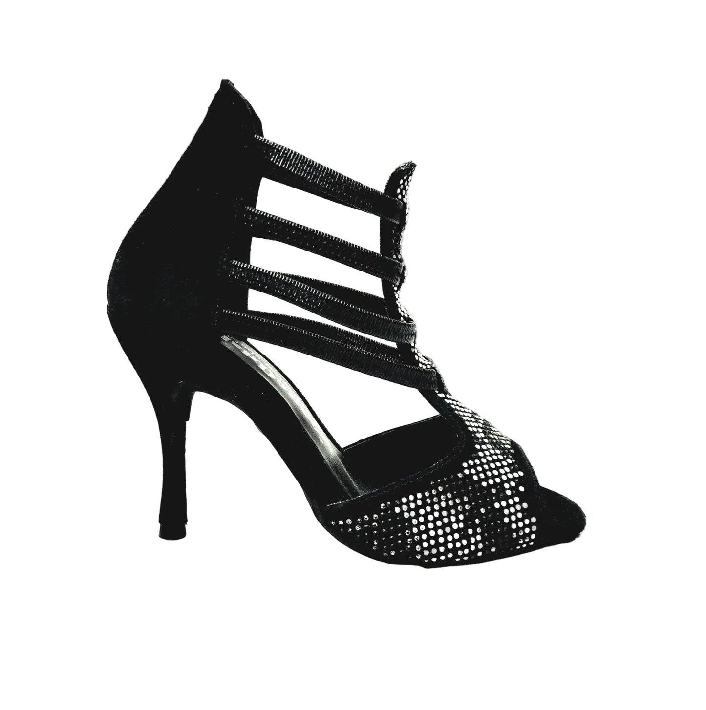 Sandalo donna Viper Black (460PW) in camoscio nero con elastici, dettaglio borchiette argentate e tacco a spillo rivestito in camoscio.