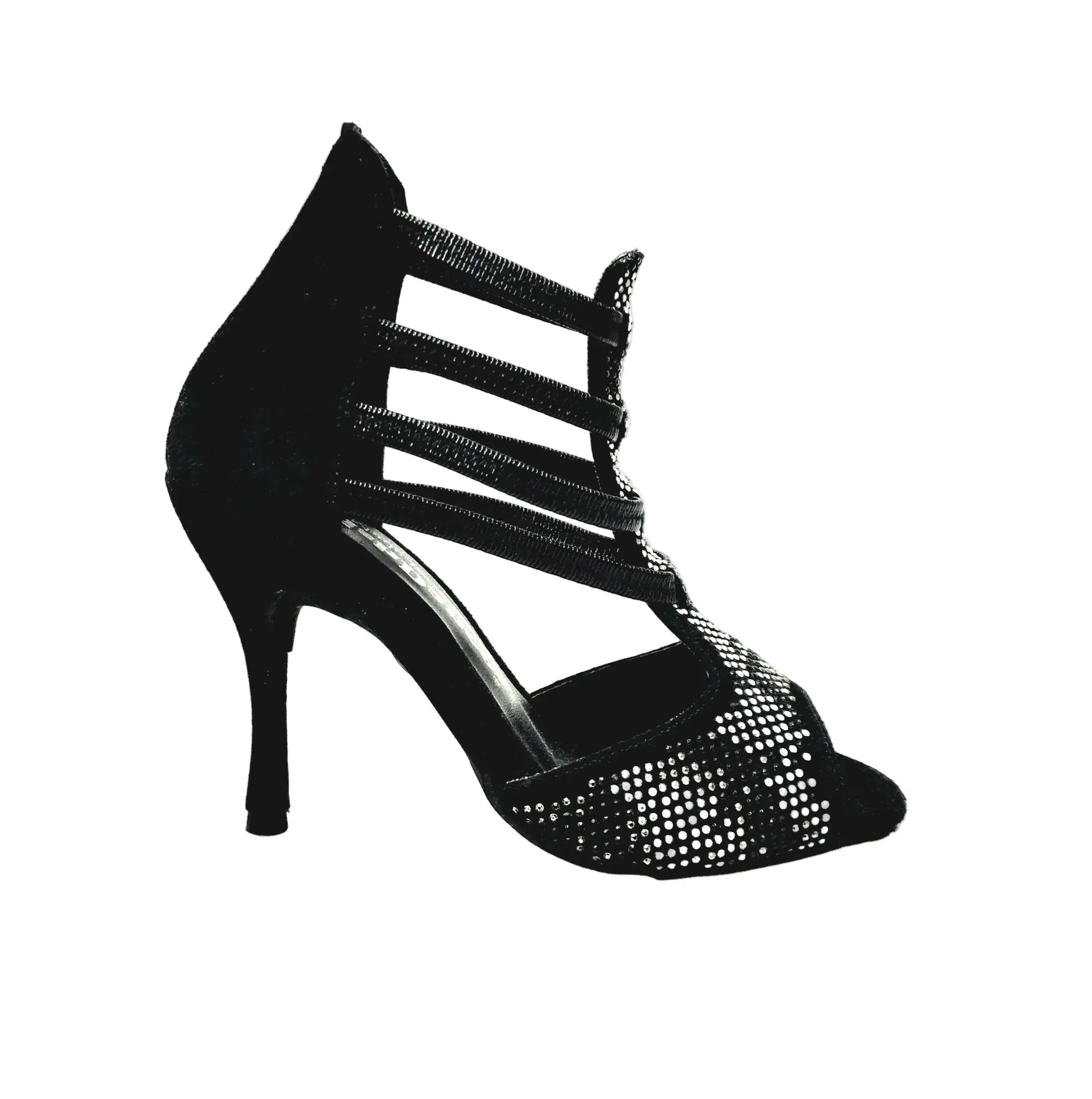 Sandalo donna Viper Black (460PW) in camoscio nero con elastici, dettaglio borchiette argentate e tacco a spillo rivestito in camoscio.