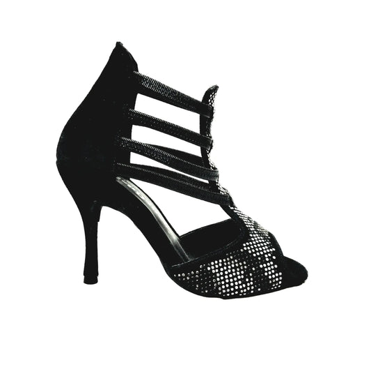 Sandalo donna Viper Black (460PW) in camoscio nero con elastici, dettaglio borchiette argentate e tacco a spillo rivestito in camoscio.