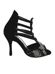 Carica immagine nella Galleria, Viper Black (460PW) - Sandalo da Donna in Camoscio Nero Elastici neri con Livrea in Borchiette Argento e Bianche con tacco a spillo Rivestito Camoscio Nero
