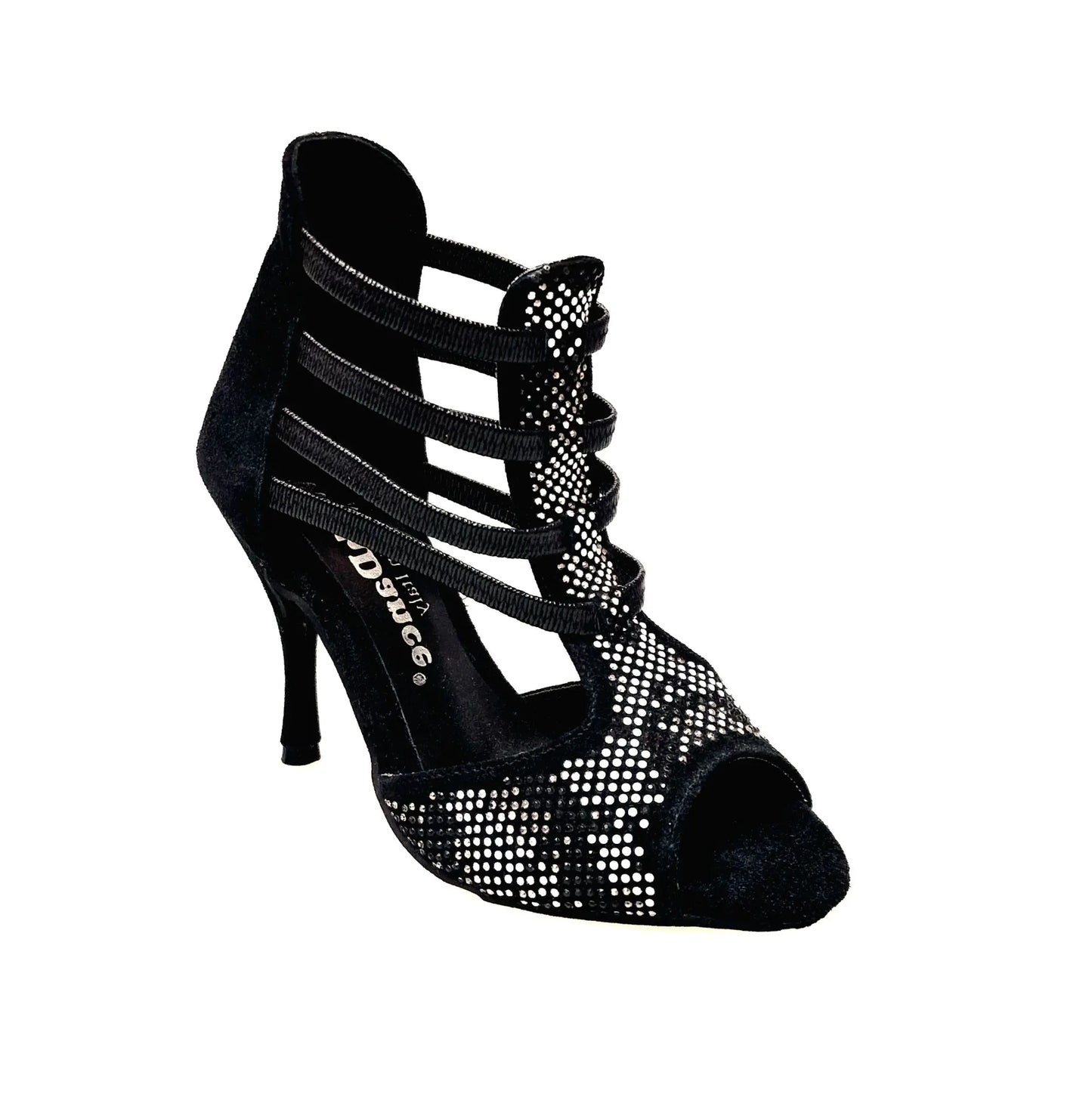 Scarpa donna Viper Black (460PW) in camoscio nero con elastici, borchiette argento e bianco, tacco a spillo rivestito in camoscio nero