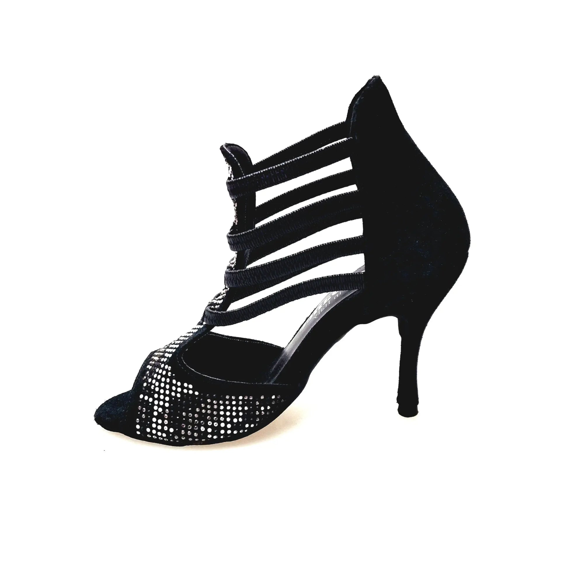Sandalo donna Viper Black (460PW) in camoscio nero con elastici, dettagli argento e bianco, tacco a spillo rivestito in camoscio nero.