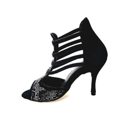 Sandalo donna Viper Black (460PW) in camoscio nero con elastici, dettagli argento e bianco, tacco a spillo rivestito in camoscio nero.