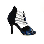Load image into Gallery viewer, Viper Blu (460PW) - Woman&#39;s Sandal in Midnight Blue Suede with livery in blue and white studs and Silver Elastics and stiletto heel Covered in Midnight Blue Suede
