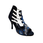 Load image into Gallery viewer, Viper Blu (460PW) - Woman&#39;s Sandal in Midnight Blue Suede with livery in blue and white studs and Silver Elastics and stiletto heel Covered in Midnight Blue Suede
