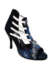 Carica immagine nella Galleria, Viper Blu (460PW) - Sandalo da Donna in Camoscio Blu notte Livrea Vipera in borchiette bianche e Nere e Swarovski blu Elastici Argento e tacco a spillo Rivestito Camoscio Blu Notte
