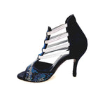 Load image into Gallery viewer, Viper Blu (460PW) - Woman&#39;s Sandal in Midnight Blue Suede with livery in blue and white studs and Silver Elastics and stiletto heel Covered in Midnight Blue Suede
