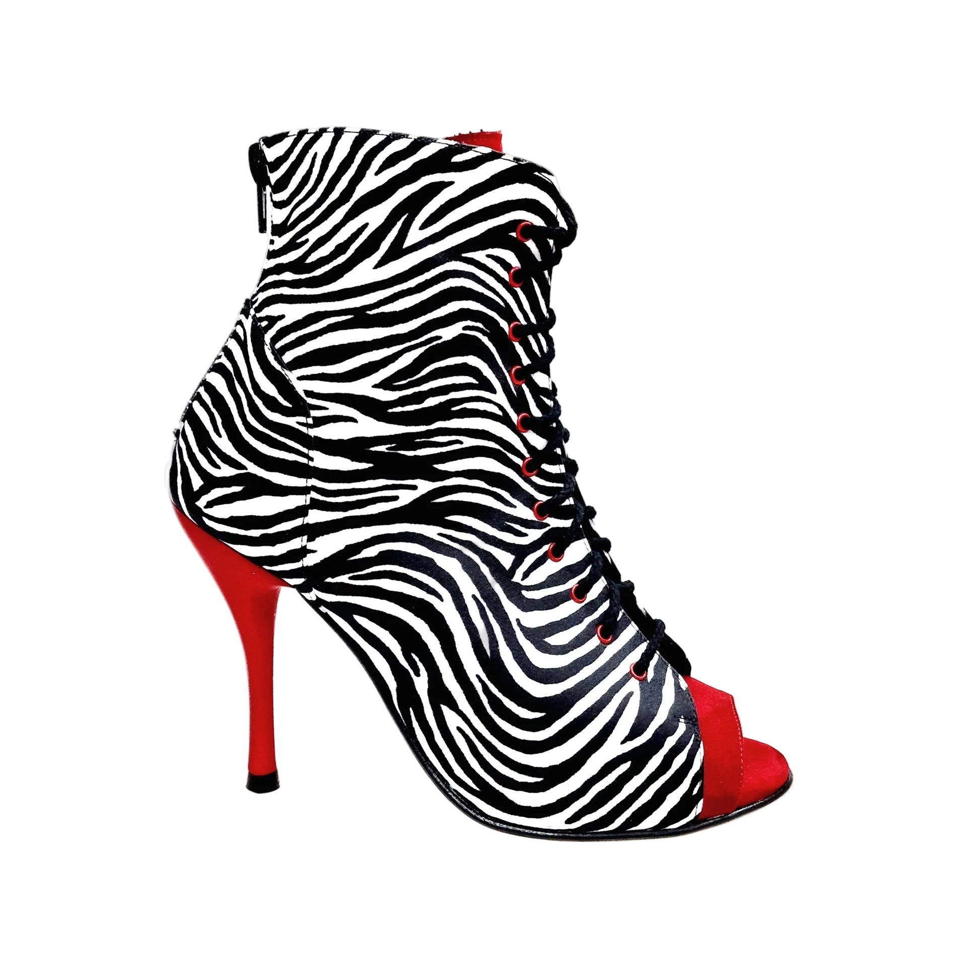 Stivaletto Wish Dance Shop Alexis Zebra con zip, raso seta, camoscio rosso e tacco a spillo in alluminio verniciato rosso
