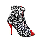 Load image into Gallery viewer, ALEXIS Zebra (Art. 132) - Mezzo Stivaletto con Zip in Raso seta Zebra inserti in Camoscio Rosso Tacco a Spillo in Alluminio verniciato effetto Gommato Rosso
