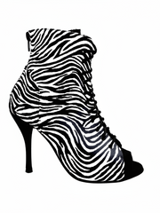 Carica immagine nella Galleria, ALEXIS Zebra (Art. 132) - Mezzo Stivaletto con Zip in Raso seta Zebra inserti in Camoscio Rosso Tacco a Spillo in Alluminio verniciato effetto Gommato Rosso