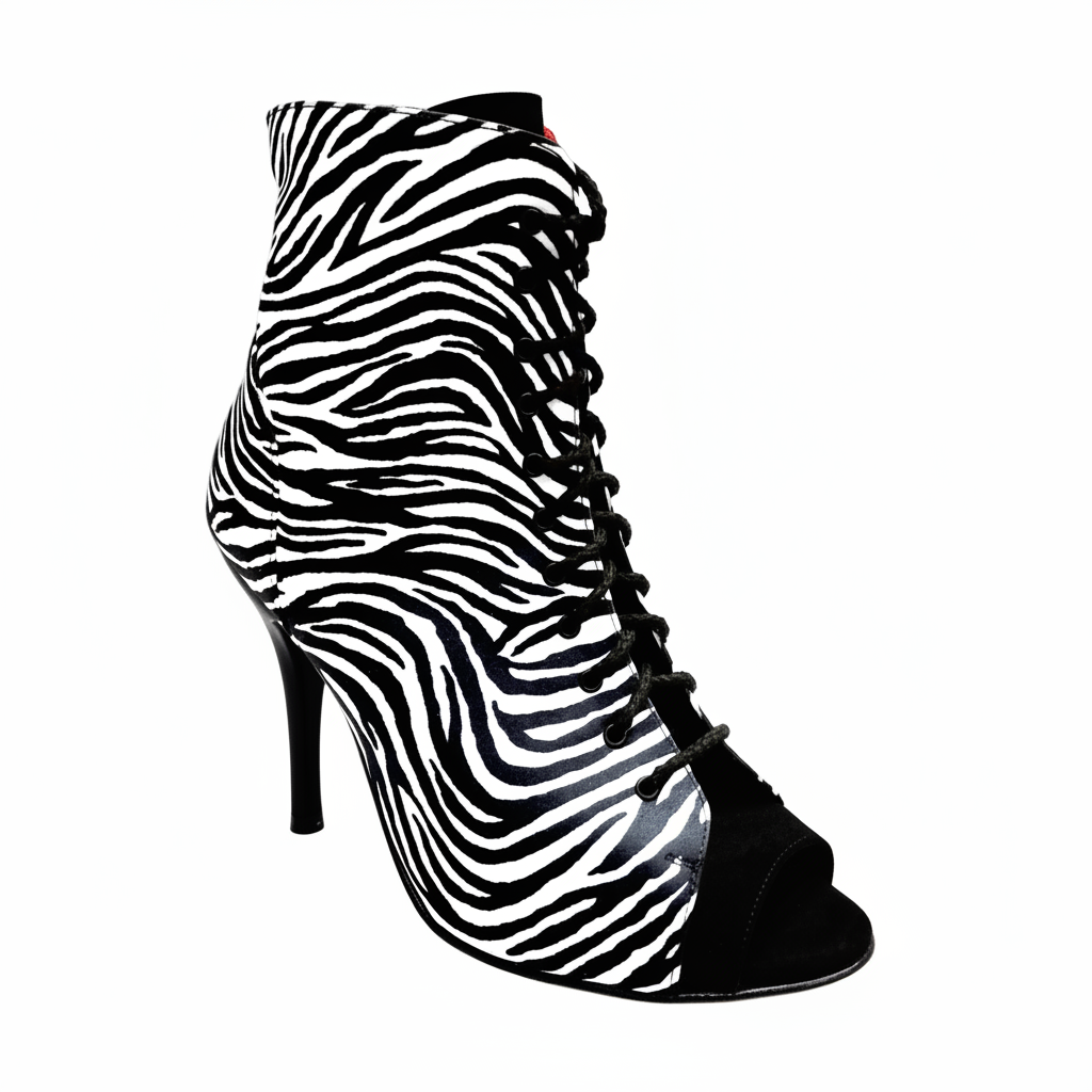 Stivaletto Wish Dance Shop Alexis Zebra con zip, raso seta zebra, inserti in camoscio rosso, tacco a spillo in alluminio rosso.