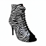 Carica immagine nella Galleria, ALEXIS Zebra (Art. 132) - Mezzo Stivaletto con Zip in Raso seta Zebra inserti in Camoscio Rosso Tacco a Spillo in Alluminio verniciato effetto Gommato Rosso
