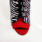 Carica immagine nella Galleria, ALEXIS Zebra (Art. 132) - Mezzo Stivaletto con Zip in Raso seta Zebra inserti in Camoscio Rosso Tacco a Spillo in Alluminio verniciato effetto Gommato Rosso
