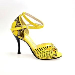 Deluxe Butterfly PW (L2PW) - Scarpa da Ballo in Pelle Camosciata Giallo Fluò con Swarovski Neri Tacco Stiletto e a Spillo Smaltato Nero