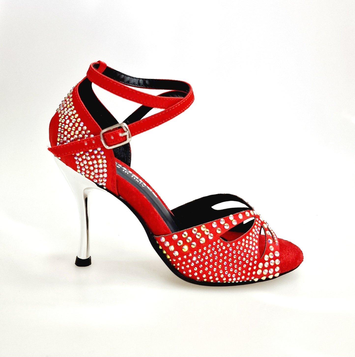 Scarpe da ballo Wish Dance Shop Deluxe Butterfly PW in raso di seta rossa con Swarovski, tacco stiletto e spillo laminato argento