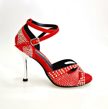 Scarpe da ballo Wish Dance Shop Deluxe Butterfly PW in raso di seta rossa con Swarovski, tacco stiletto e spillo laminato argento