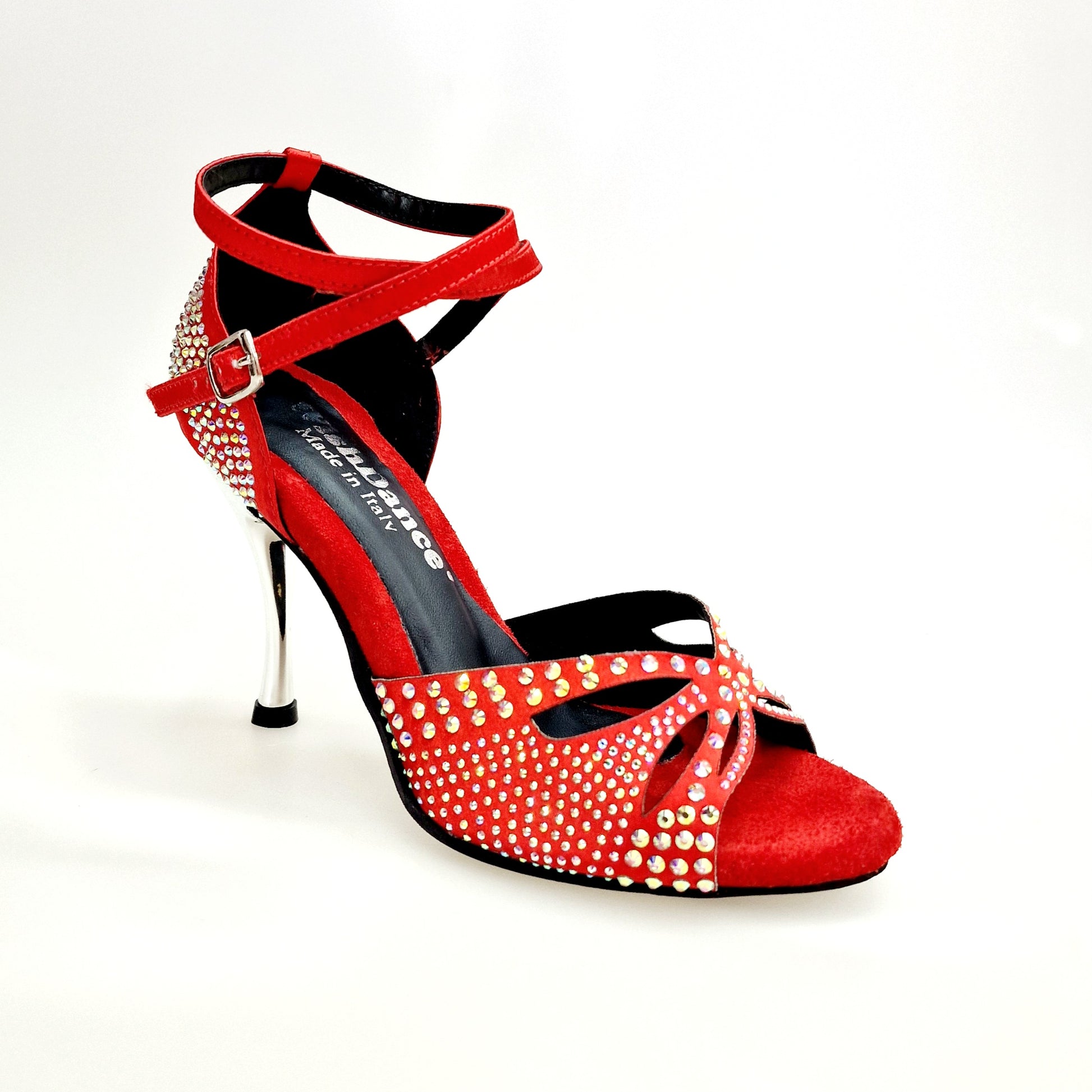 Scarpe da ballo Wish Dance Shop Deluxe Butterfly PW in raso di seta rosso con Swarovski e tacco a spillo laminato argento.