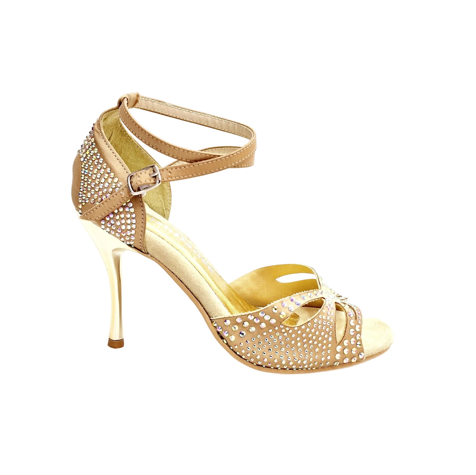 Scarpe da ballo Wish Dance Shop Delux Butterfly PW in raso seta champagne con Swarovski, tacco stiletto e spillo laminato oro