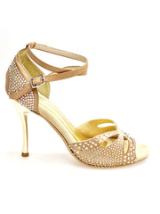 Carica immagine nella Galleria, Delux Butterfly PW (L2PW) - Scarpa da Ballo in Raso Seta color Champagne con Swarovski Boreali Tacco a Stiletto e a  Spillo Laminato Oro
