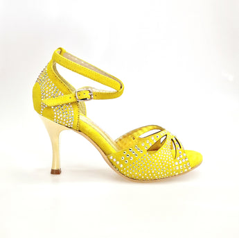 Deluxe Butterfly PW (L2PW) - Scarpa da Ballo in Pelle Camosciata Giallo Fluò con Swarovski Boreali e Tacco a Stiletto e a Spillo Laminato Oro