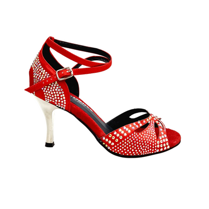 Scarpa da ballo in raso di seta rossa Wish Dance Shop, con Swarovski Boreali, tacco a stiletto e spillo laminato argento.