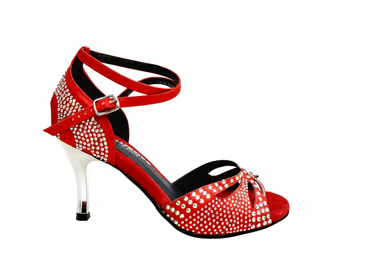 Scarpe da ballo in raso seta rosso Wish Dance Shop, con Swarovski, tacco stiletto e spillo laminato argento, modello Deluxe Butterfly PW