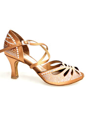 Load image into Gallery viewer, DADA DIAMOND QC (L55) - SCARPA DA BALLO DA DONNA IN RASO SETA BRONZO TAN CON SWAROVSKI BOREALI CINTURINO INCROCIATO SUL COLLOPIEDE TACCO A ROCCHETTO
