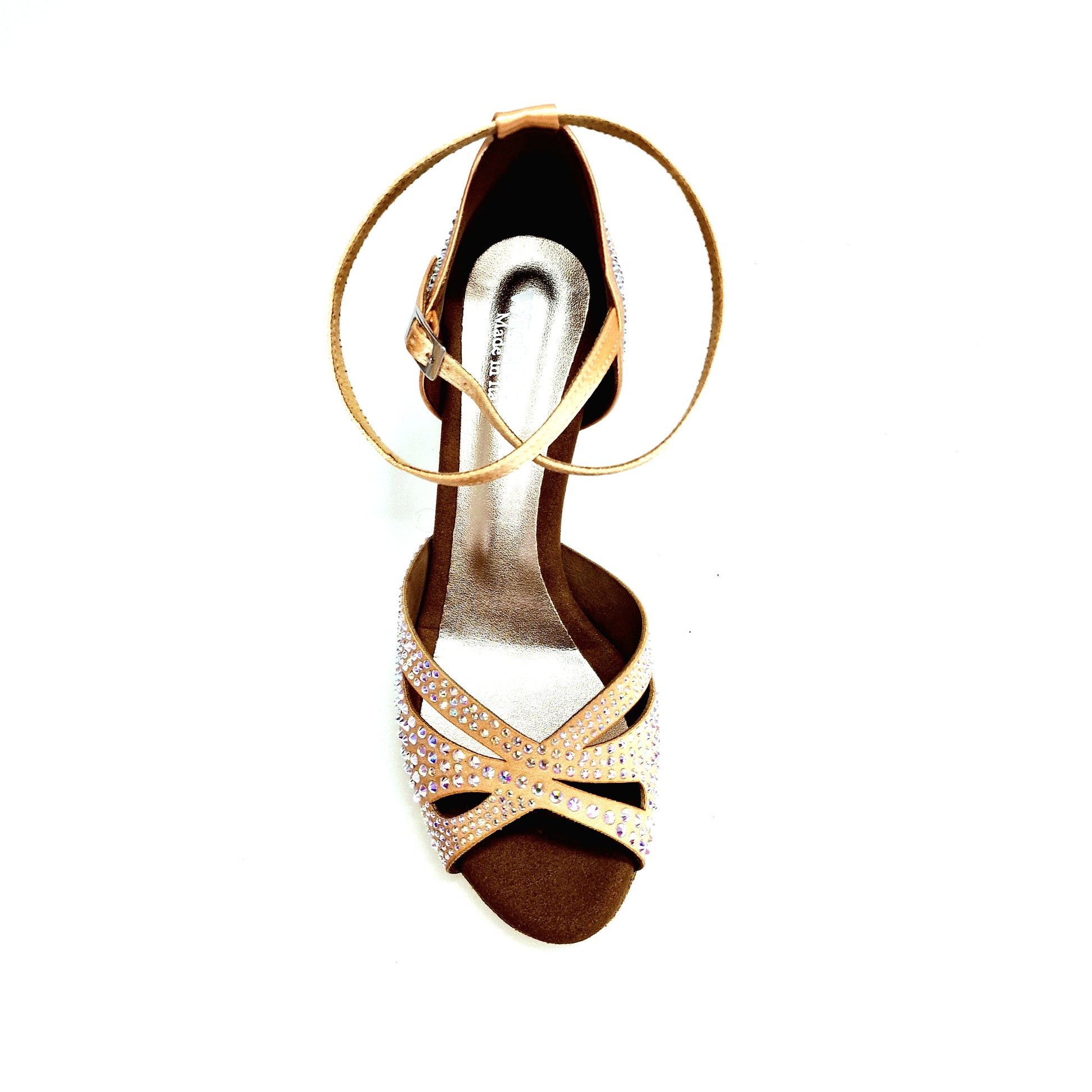 Scarpa da ballo donna De Luxe Mariposa in raso seta carne con cinturino incrociato, Swarovski Boreali e tacco basso a rocchettino