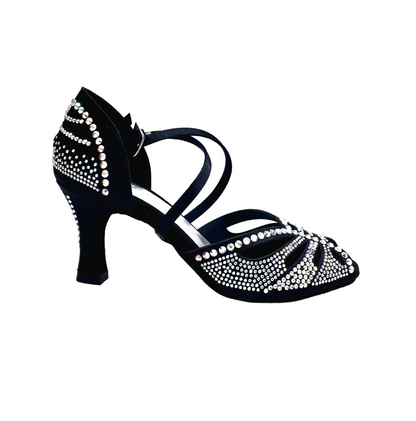 Scarpa da donna Wish Dance Shop DADA DIAMOND QC in raso seta nero con Swarovski boreali e tacco a rocchetto, cinturino incrociato.
