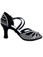 Load image into Gallery viewer, DADA DIAMOND QC (L55) - SCARPA DA BALLO DA DONNA IN RASO SETA NERO CON SWAROVSKI BOREALI CINTURINO INCROCIATO SUL COLLOPIEDE CON SWAROVSKI BOREALI E TACCO A ROCCHETTO