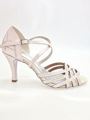 Carica immagine nella Galleria, CAROLIN QC (Marea L14) - Scarpa Da Donna in Raso Seta Cipria Rosé Con Swarovski Boreali e Tacco Basso a Spillo Largo Latino Alto
