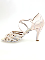 Carica immagine nella Galleria, CAROLIN QC (Marea L14) - Scarpa Da Donna in Raso Seta Cipria Rosé Con Swarovski Boreali e Tacco Basso a Spillo Largo Latino Alto
