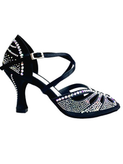 Load image into Gallery viewer, DADA DIAMOND QC (L55) - SCARPA DA BALLO DA DONNA IN RASO SETA NERO CON SWAROVSKI BOREALI CINTURINO INCROCIATO SUL COLLOPIEDE TACCO A ROCCHETTO