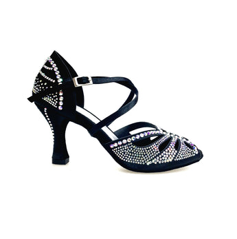 DADA DIAMOND QC (L55) - SCARPA DA BALLO DA DONNA IN RASO SETA NERO CON SWAROVSKI BOREALI CINTURINO INCROCIATO SUL COLLOPIEDE TACCO A ROCCHETTO