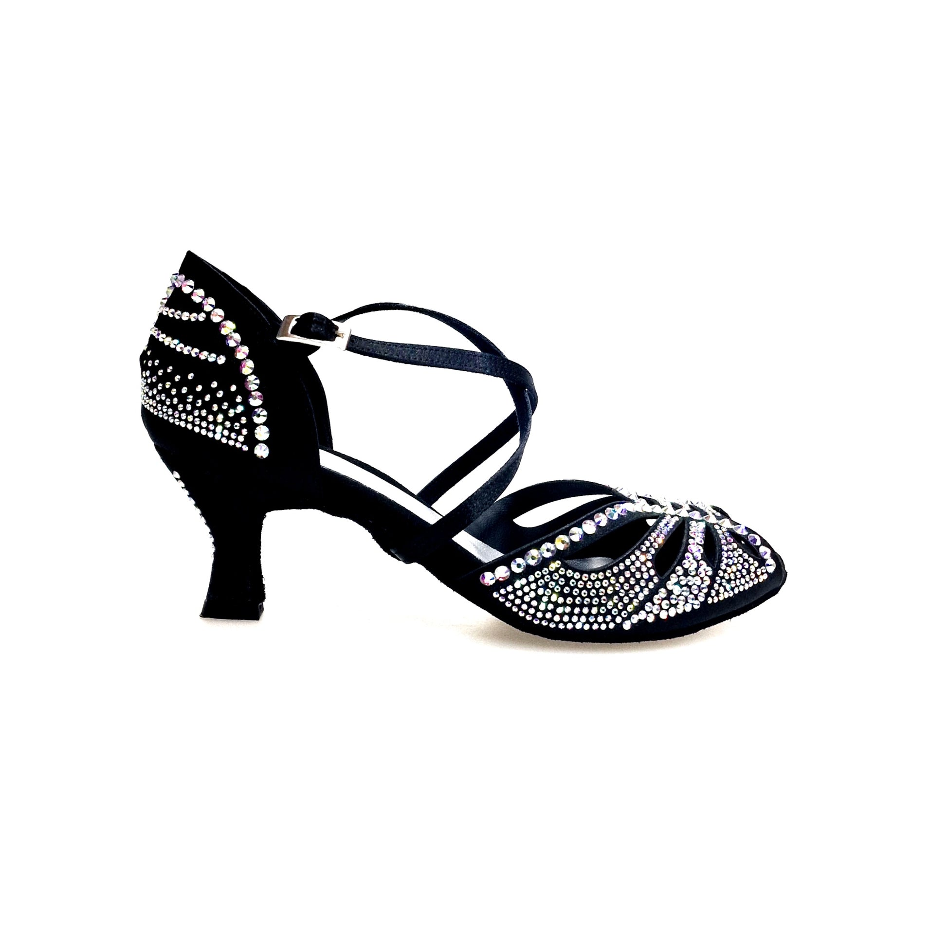 Scarpa da ballo donna Wish Dance Shop DADA DIAMOND QC in raso seta nero con Swarovski boreali, cinturino incrociato e tacco basso a rocchetto