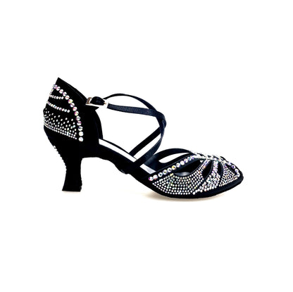 SCARPA DA BALLO DA DONNA IN RASO SETA NERO CON SWAROVSKI BOREALI CINTURINO INCROCIATO SUL COLLOPIEDE TACCO, vista laterale
