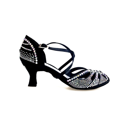 DADA DIAMOND QC (L55) - SCARPA DA BALLO DA DONNA IN RASO SETA NERO CON SWAROVSKI BOREALI CINTURINO INCROCIATO SUL COLLOPIEDE TACCO BASSO A ROCCHETTO